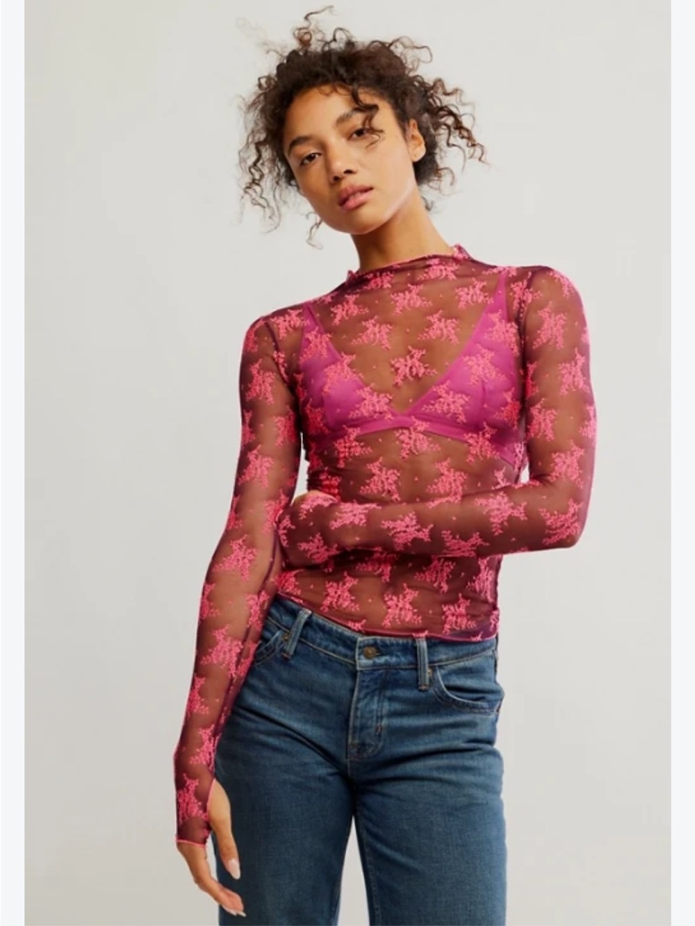 Free People Sheer Two-Tone Floral Mesh Long-Sleeve Top - Pink